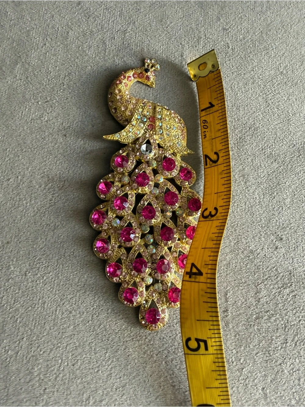 Gold-Tone Peacock Brooch with Fuchsia and Aurora Rhinestones